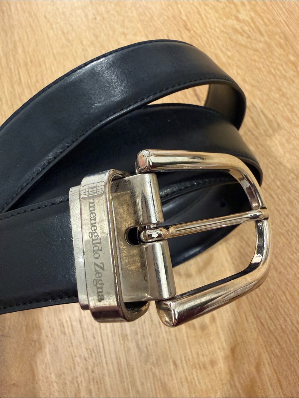ZEGNA Men’s Black Leather Belt with Silver Buckle